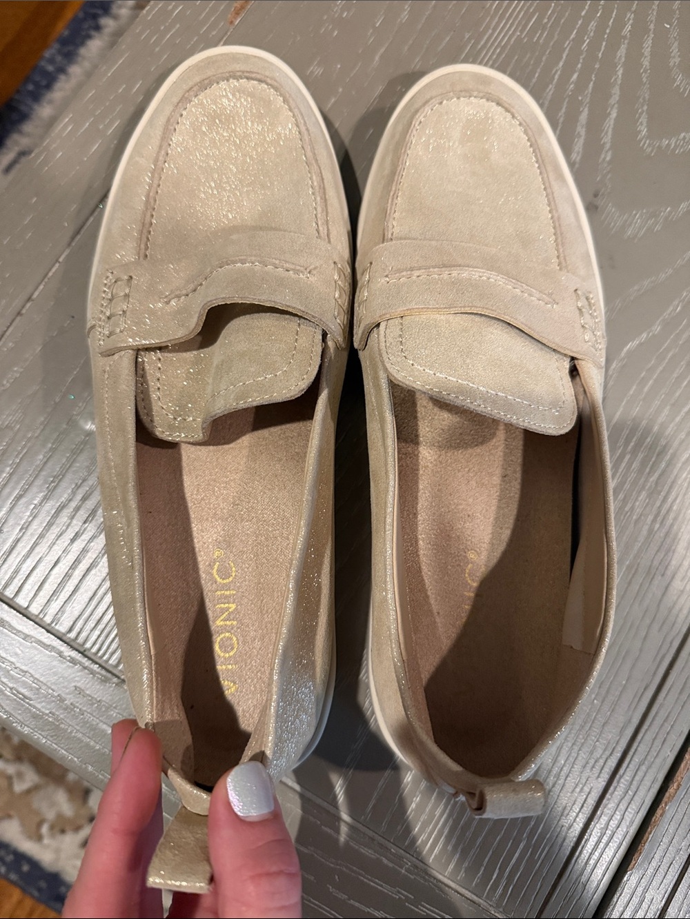 Vionic Light Beige Suede Penny Loafers